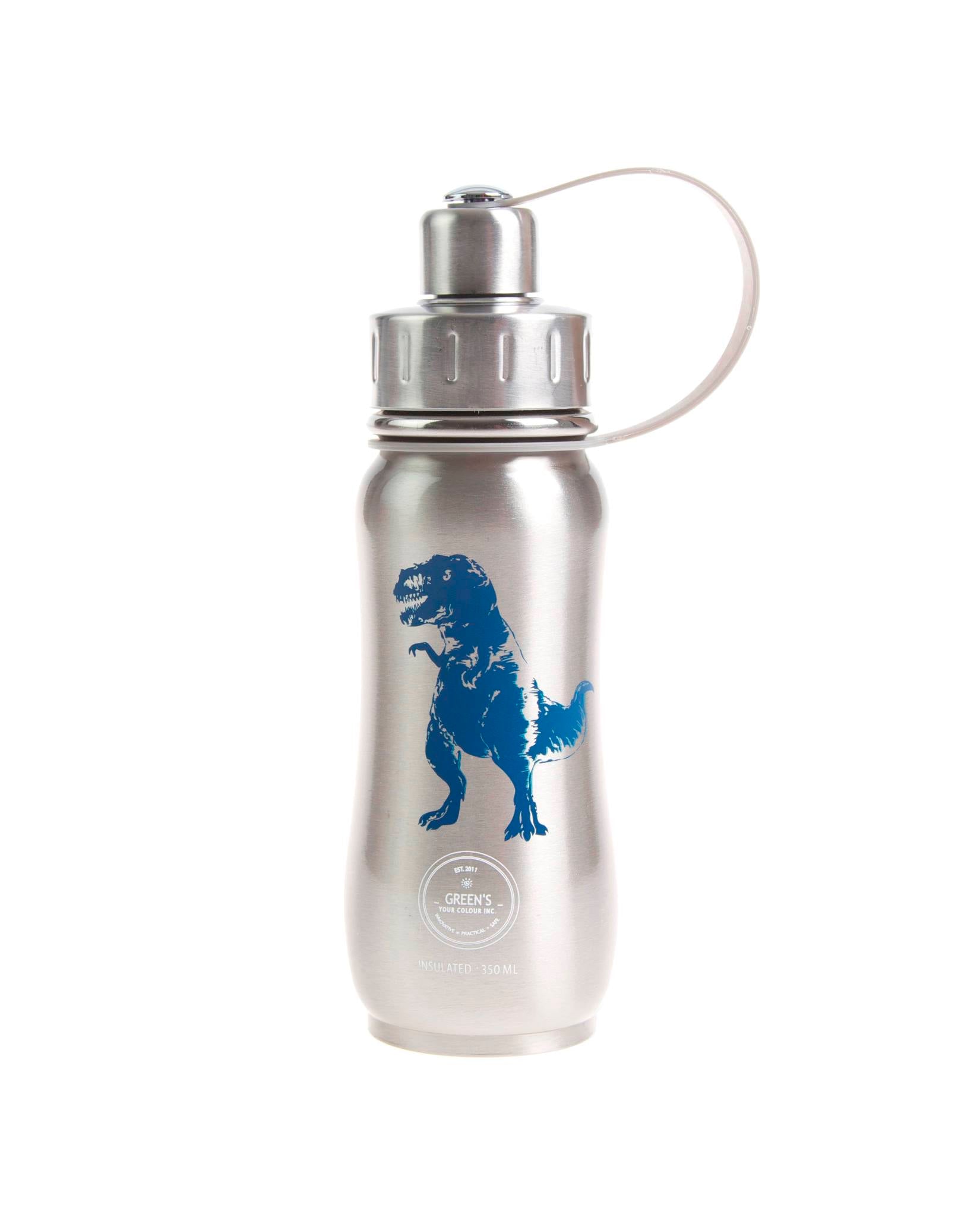 350 ml 'Dino Stomper' Silver Blue Dinosaur insulated vacuum stainless steel water bottle greens your colour, gycbottle sustainable water bottle sustainable brand Canadian Sustainable products, best water bottles, stylish water bottles, hot and cold bottles, tea bottle, kids bottles, best kids bottles, bpa free bottles, leak proof bottles, best back to school bottles