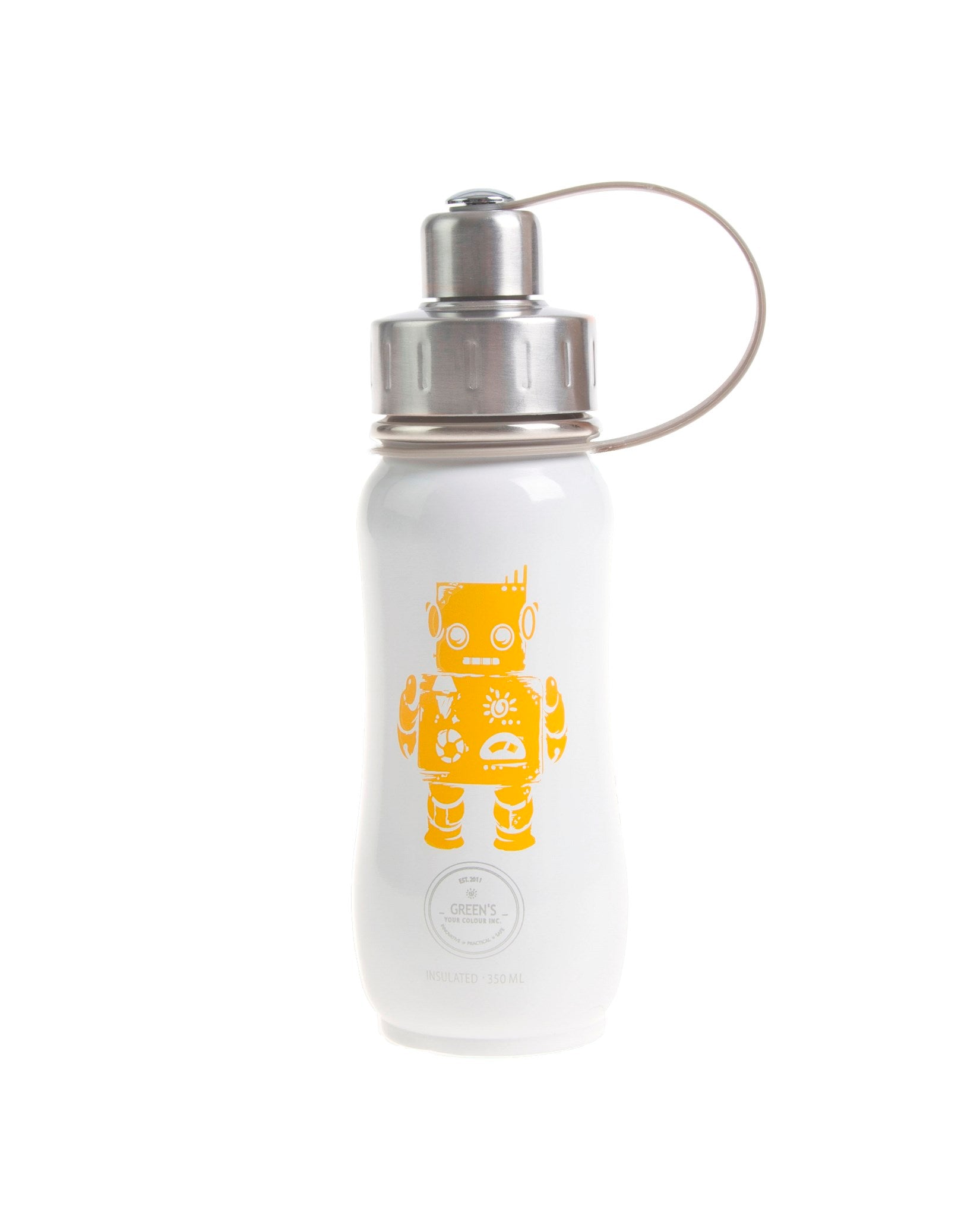350 ml White-Out Robbie Robot triple insulated vacuum stainless steel water bottle greens your colour silver lid