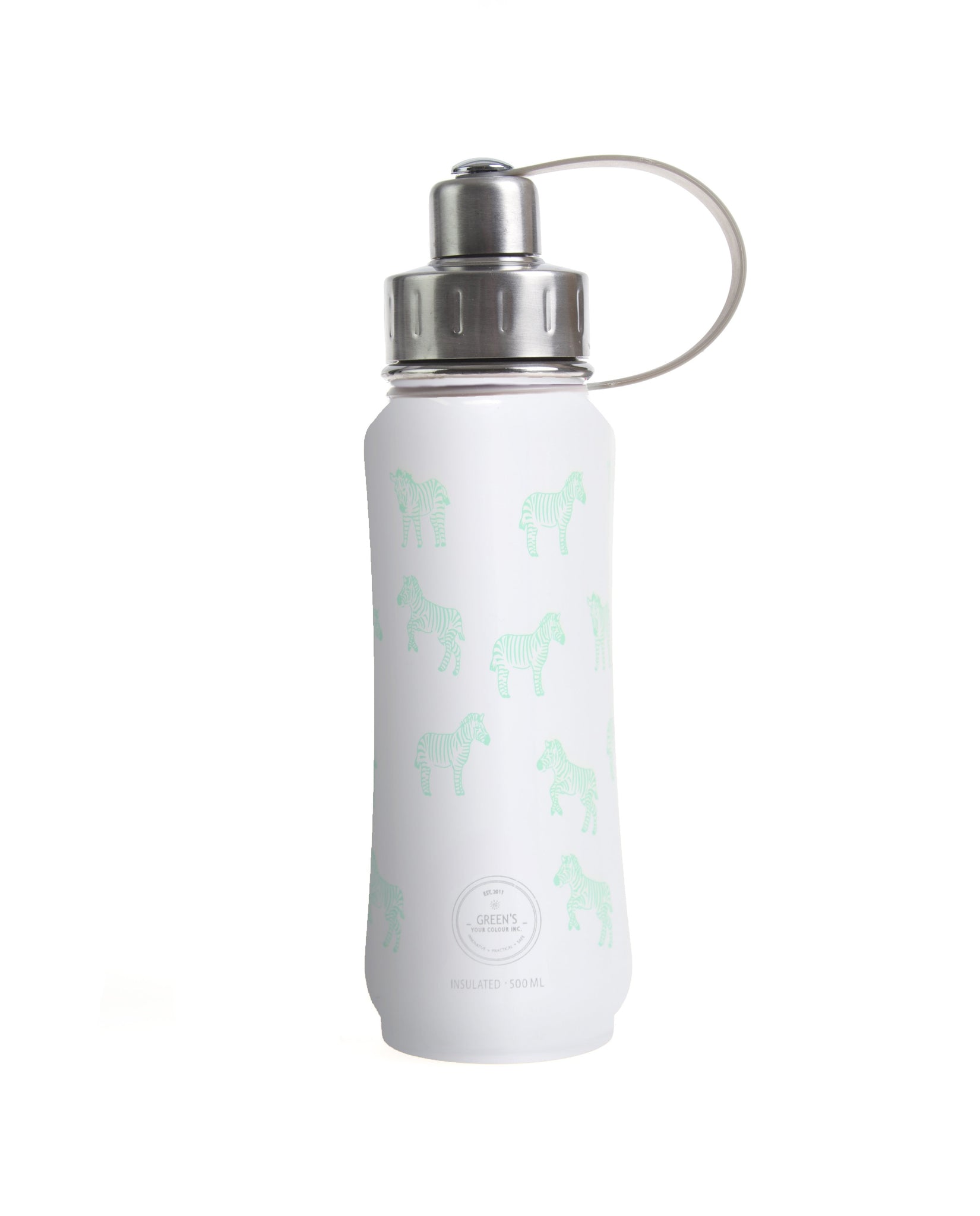 500 ml White Zippy Zebra insulated vacuum stainless steel leak-proof water bottle carrying handle silver lid, zebra bottle, animal bottle, cute bottles, stylish bottle, bottles for zoo, wholesale bottles, fun bottles, kids bottles, green's your colour, gyc bottle