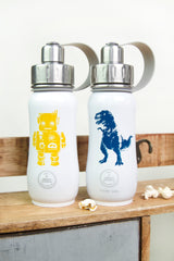 350 ML SMALL STAINLESS STEEL INSULATED WATER BOTTLE FOR KIDS WITH ROBOT AND DINOSAUR DESIGN. LEAK PROOF, SWEAT PROOF, EASY TO CLEAN. CARRY HANDLE AND SMALL DRINKING SPOUT. CANADIAN SUSTAINABLE BRAND, CANADIAN WATER BOTTLE, CANADIAN LEADER OF WATER BOTTLES