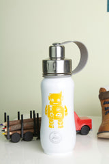 350 ml White-Out Robbie Robot triple insulated vacuum stainless steel water bottle greens your colour orange lid, fun bottle, safe bottle, water bottle, stylish bottles, cute bottles, kids bottles, best bottles for school, insulated leak proof bottle, bottles that are easy to wash, Canadian distributor, bottle distributor, green's your colour, gyc bottle